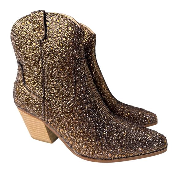 Betsey Johnson Diva Western Boots Ankle Women's 6.5M Brown Rhinestones  Side Zip - Picture 1 of 10